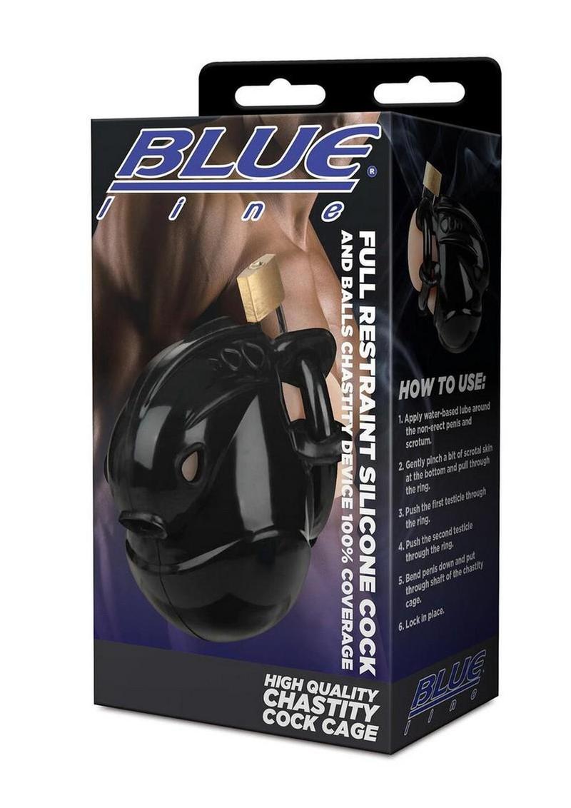 Blueline Full Restraint Silicone Cock and Balls Chastity Device 100% Coverage - Black