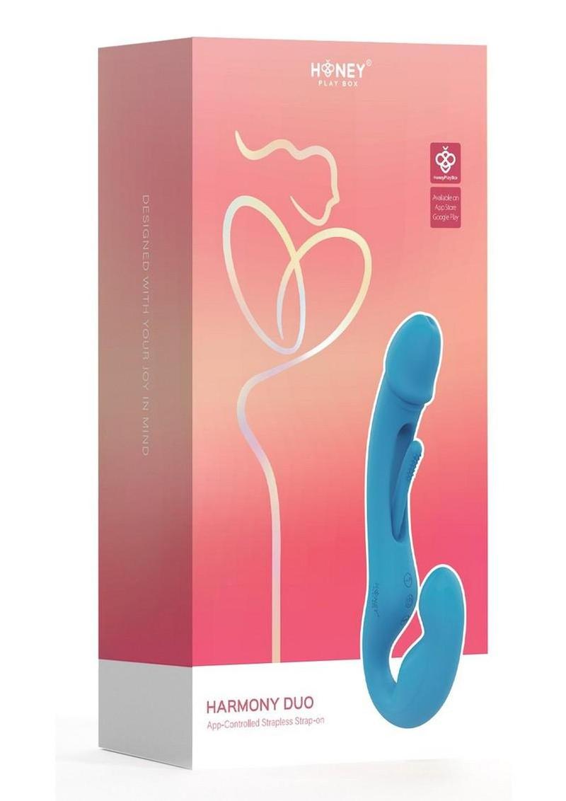Harmony Duo App-Controlled Rechargeable Silicone Strapless Strap-On - Blue/Gold