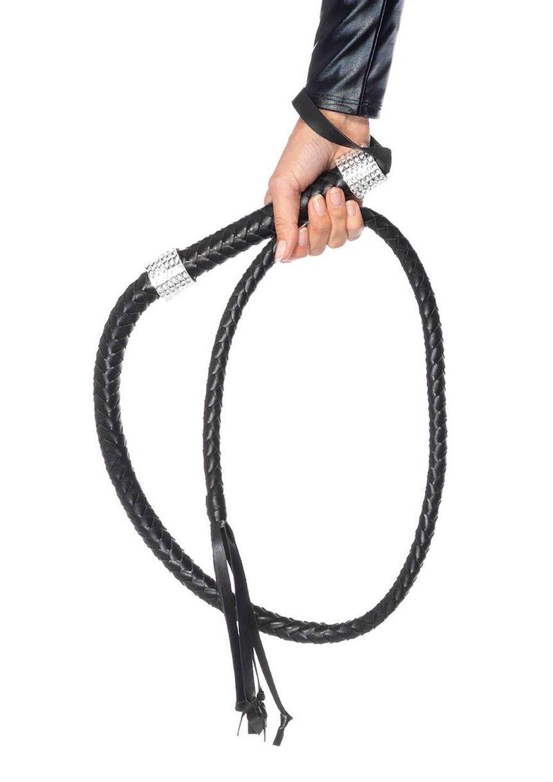 Leg Avenue Braided Whip with Rhinestone Look Handle Accent Faux Leather - Black - 54in