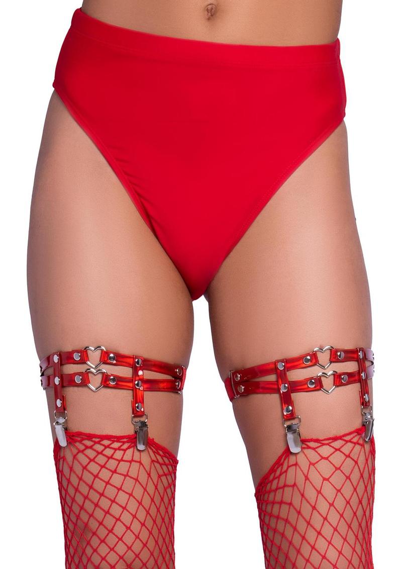 Leg Avenue Dual Strap Iridescent Studded Thigh High Garter Suspender with Mini Hearts - Red - One Size