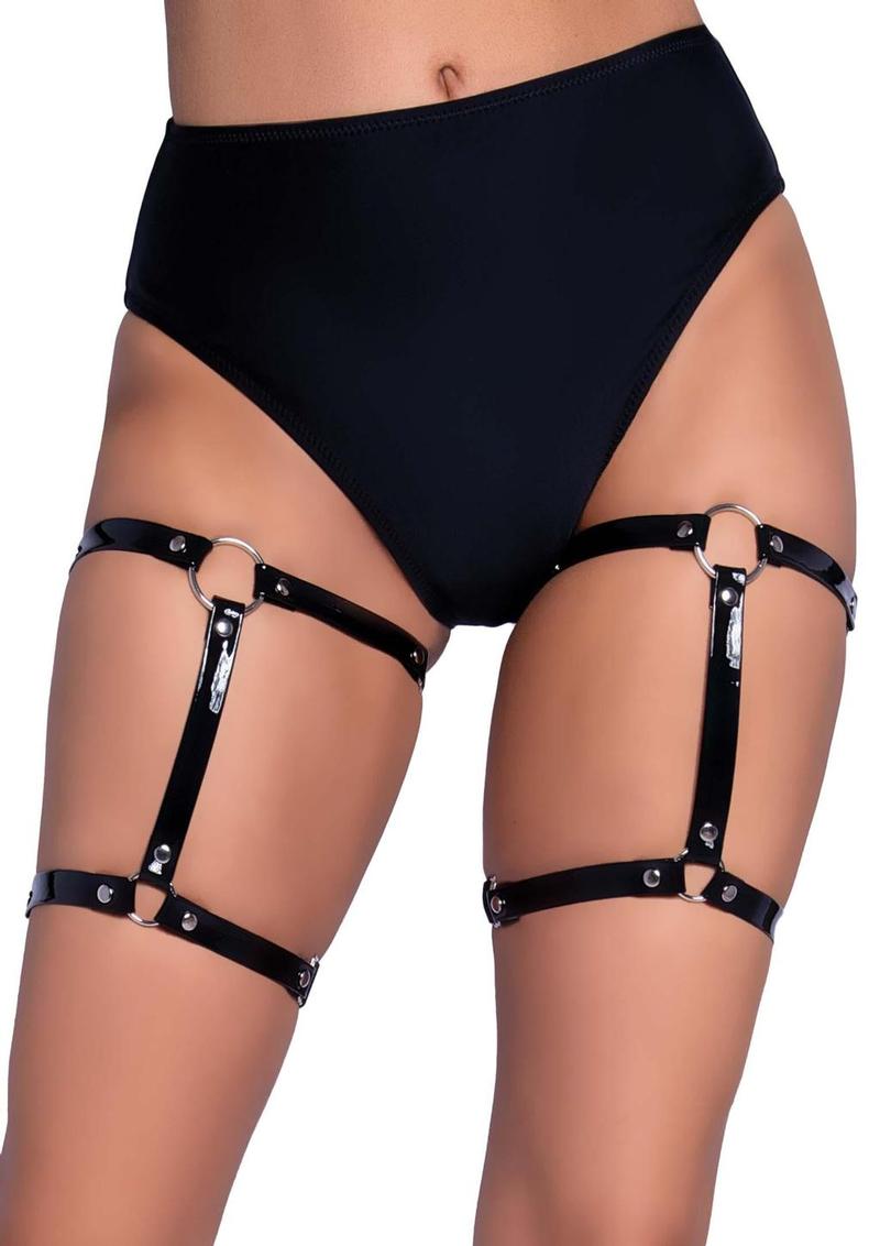 Leg Avenue Dual Strap Studded Thigh High Garters - Black - One Size