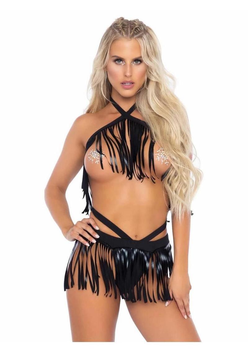 Leg Avenue Fringe Halter Top and Matching Bikini Bottoms - Black - Medium/Small - 2 Piece