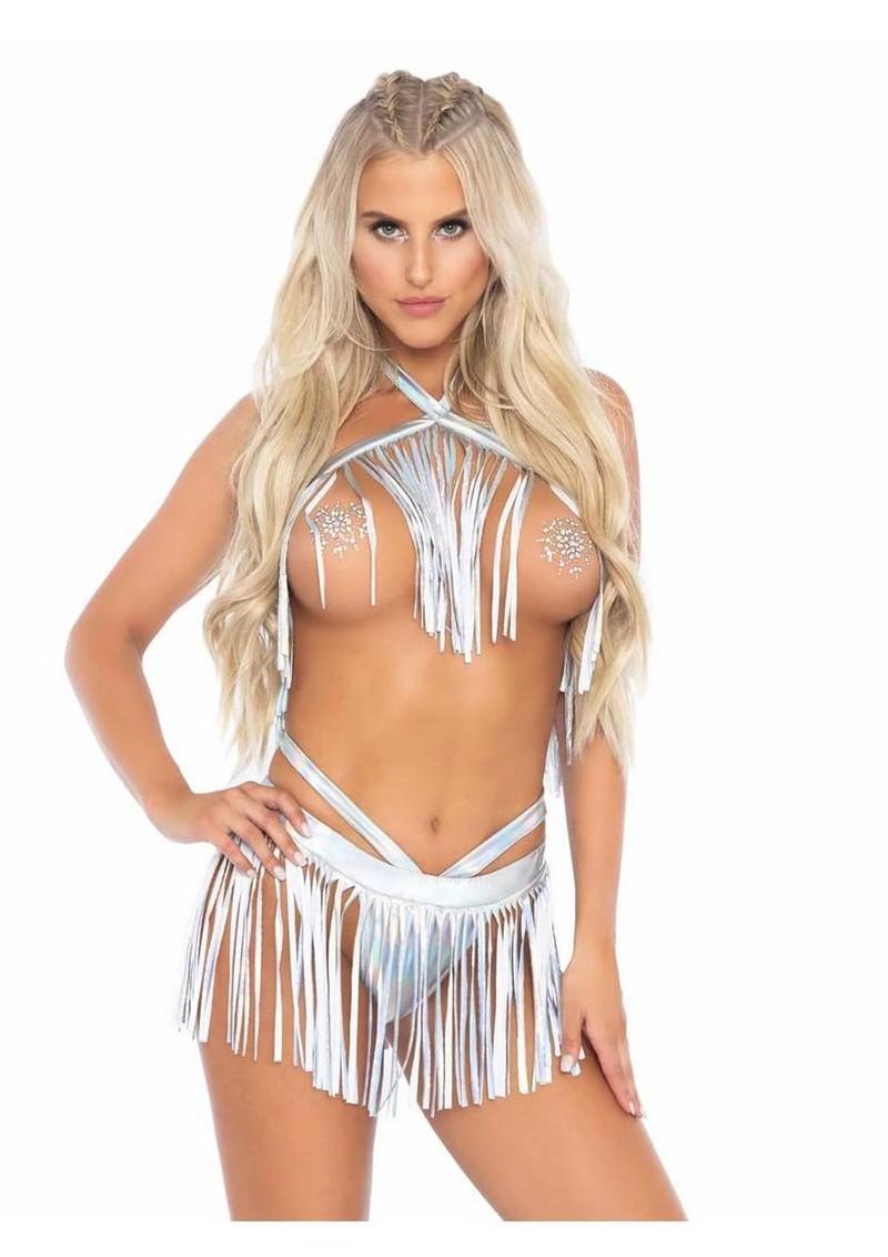 Leg Avenue Fringe Halter Top and Matching Bikini Bottoms - Silver - Large/Medium - 2 Piece