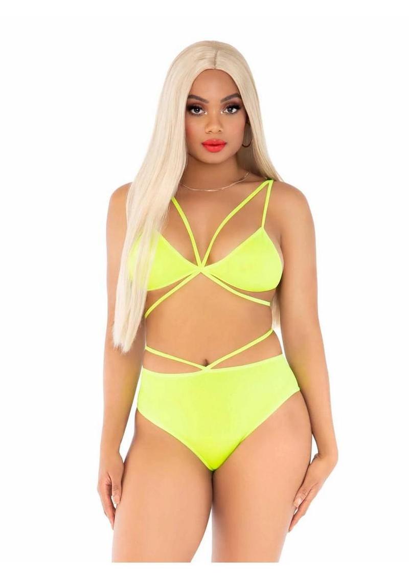 Leg Avenue Opaque Cage Strap Bra Top and Brazilian Briefs - Yellow - One Size
