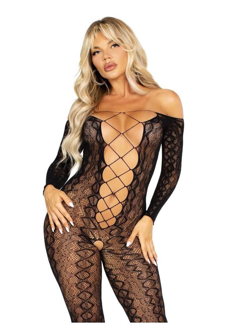 Leg Avenue Python Net Crotchless Footless Lingerie Jumpsuit with Faux Lace Up Detail - Black - One Size