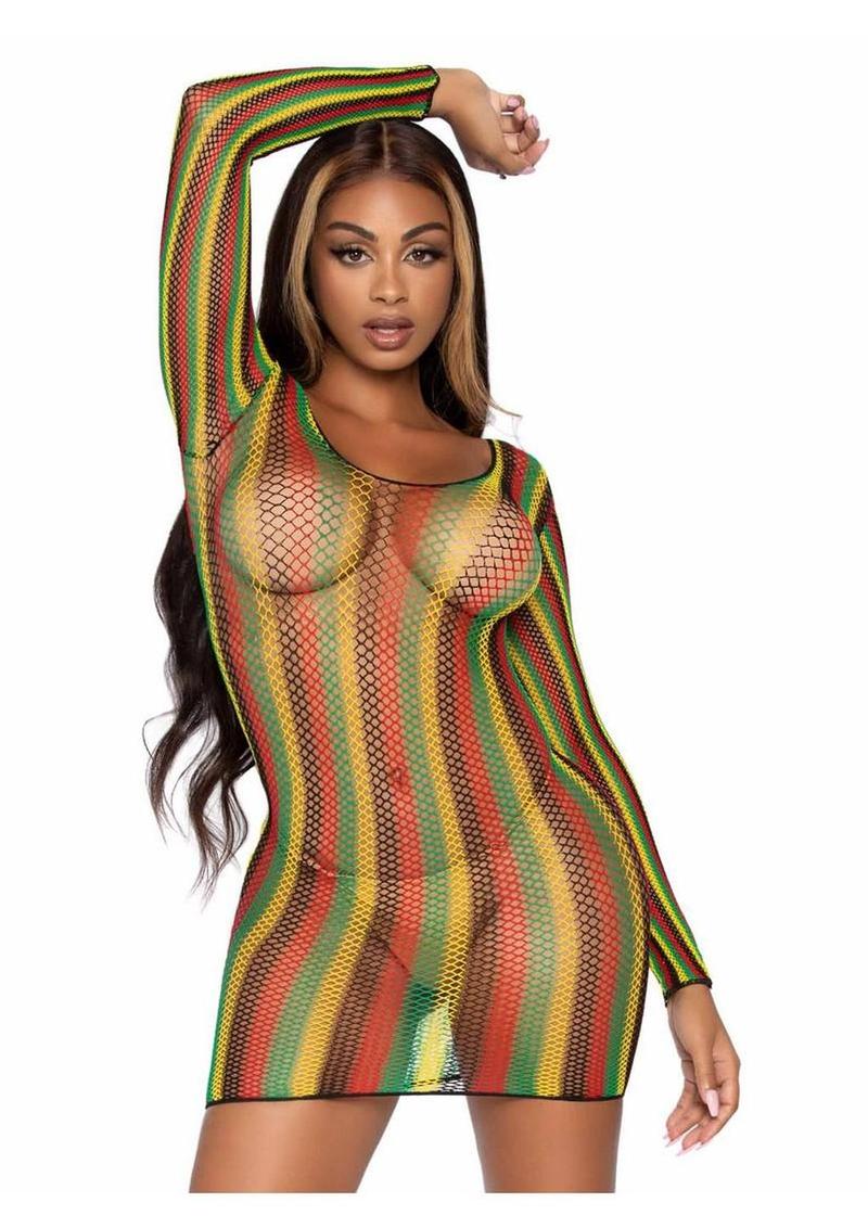 Leg Avenue Rasta Net Long Sleeved Mini Dress - Multicolor - One Size