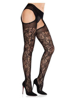 Leg Avenue Scalloped Trimmed Cross Hatch Floral Lace Suspender Hose - Black - One Size