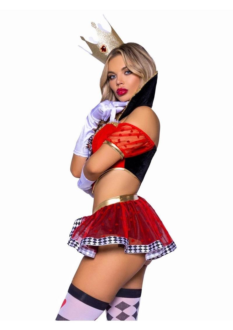 Leg Avenue Wicked Wonderland Queen Tow-Tone Boned Crop Top with Stay Up Collar and Broach Accent, Garter Panty with Peplum Skirt, and Crown Headband - Black/Red - Large - 3 Piece