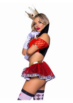 Leg Avenue Wicked Wonderland Queen Tow-Tone Boned Crop Top with Stay Up Collar and Broach Accent, Garter Panty with Peplum Skirt, and Crown Headband - Black/Red - Large - 3 Piece