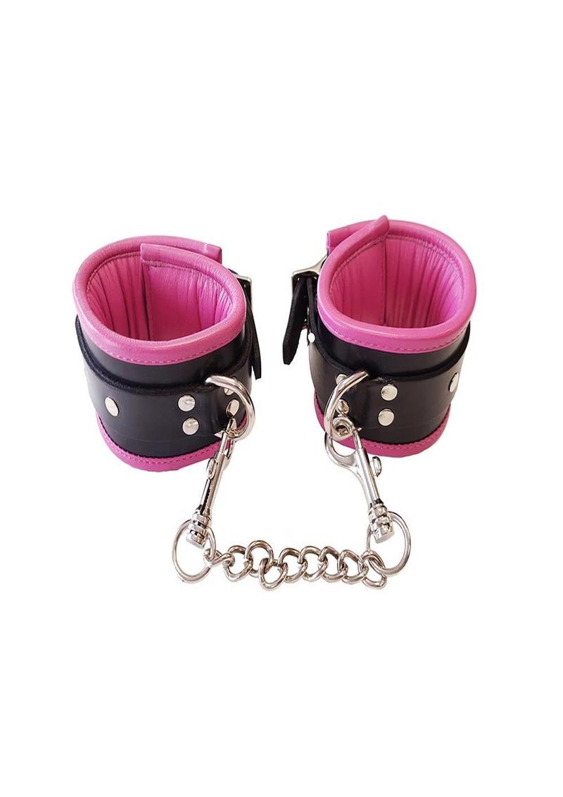 Rouge Padded Leather Adjustable Wrist Cuffs - Black/Pink
