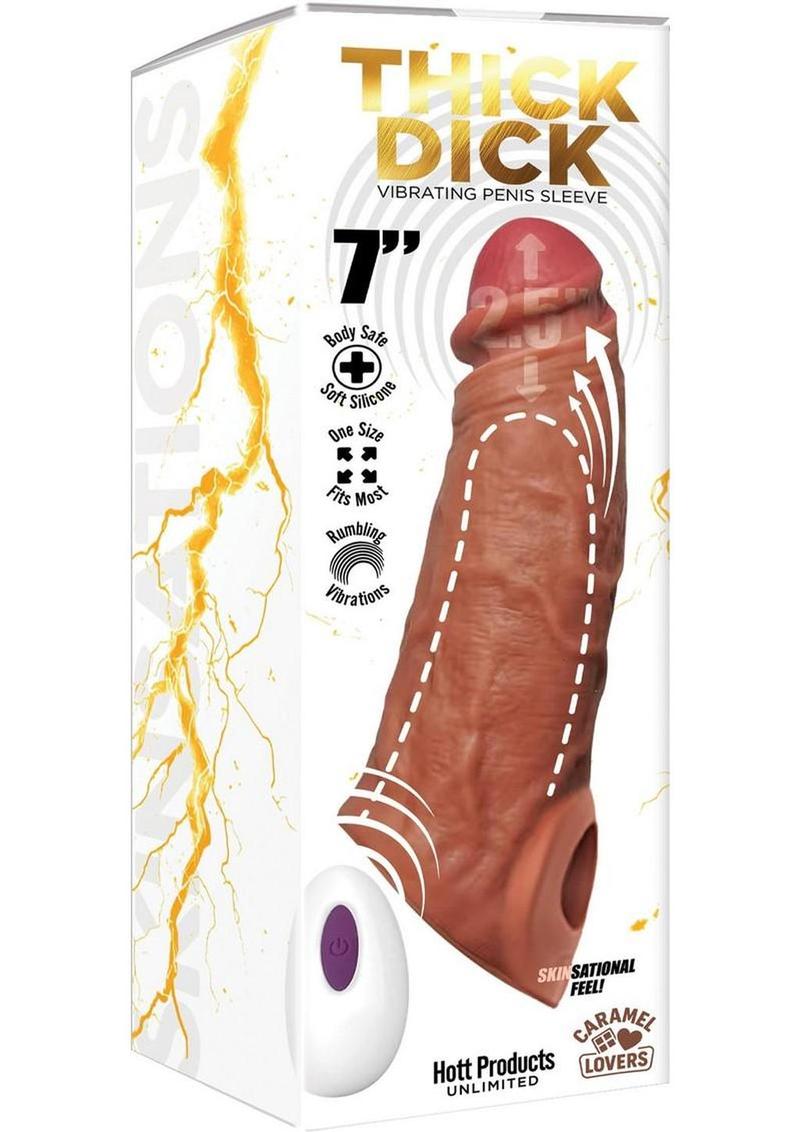 Thick Dick Vibrating Penis Silicone Sleeve - Caramel - 7in